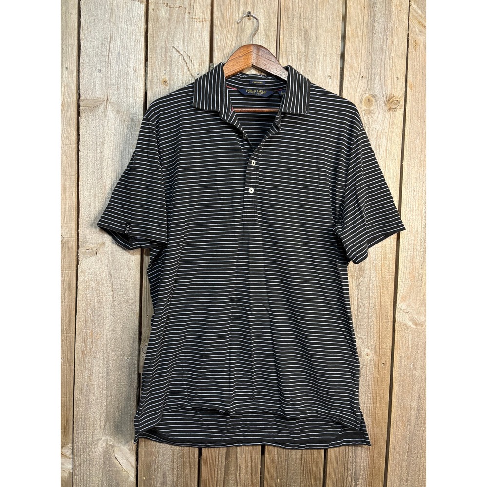 Polo Golf Ralph Lauren Mens Large Black White Striped Stretch Lisle Polo Shirt